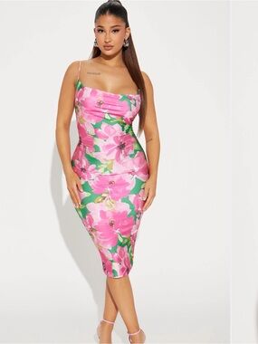 Fashionnova Green and Pink Floral Dress - Size M